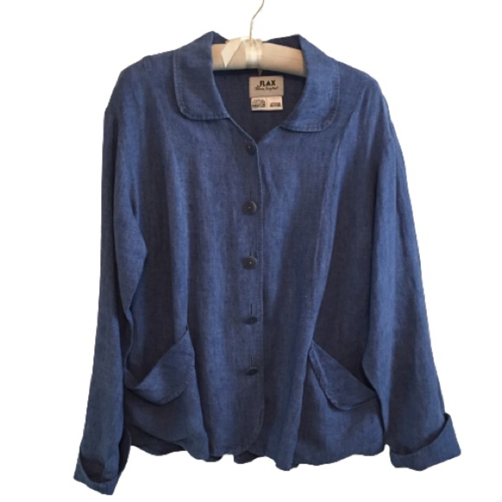 Flax Button Top Long Sleeve Blue 100% Linen Adjustable Waist EUC